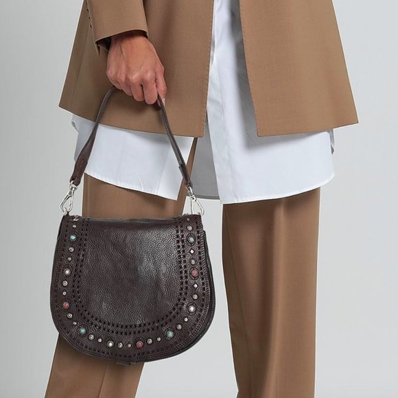 NWT Campomaggi Studded Saddle Shoulder Bag Roomy Brown - Picture 5 of 7